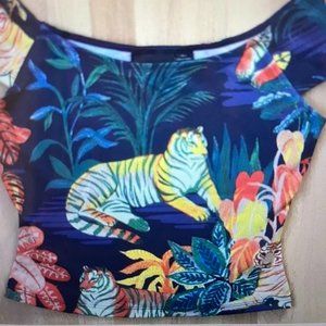 Anthropologie Maeve Tiger Jungle Print Top Off-Shoulder Knit Jungle Print